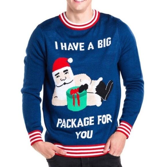 Tipsy Elves Mens XXL Santa Claus I Have A Big Package 4 U Ugly Sweater Humor NWT - Picture 1 of 3